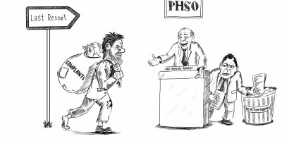 Tired man drags sack of complaint letters to Ombudsman where they are secretly put in the bin.