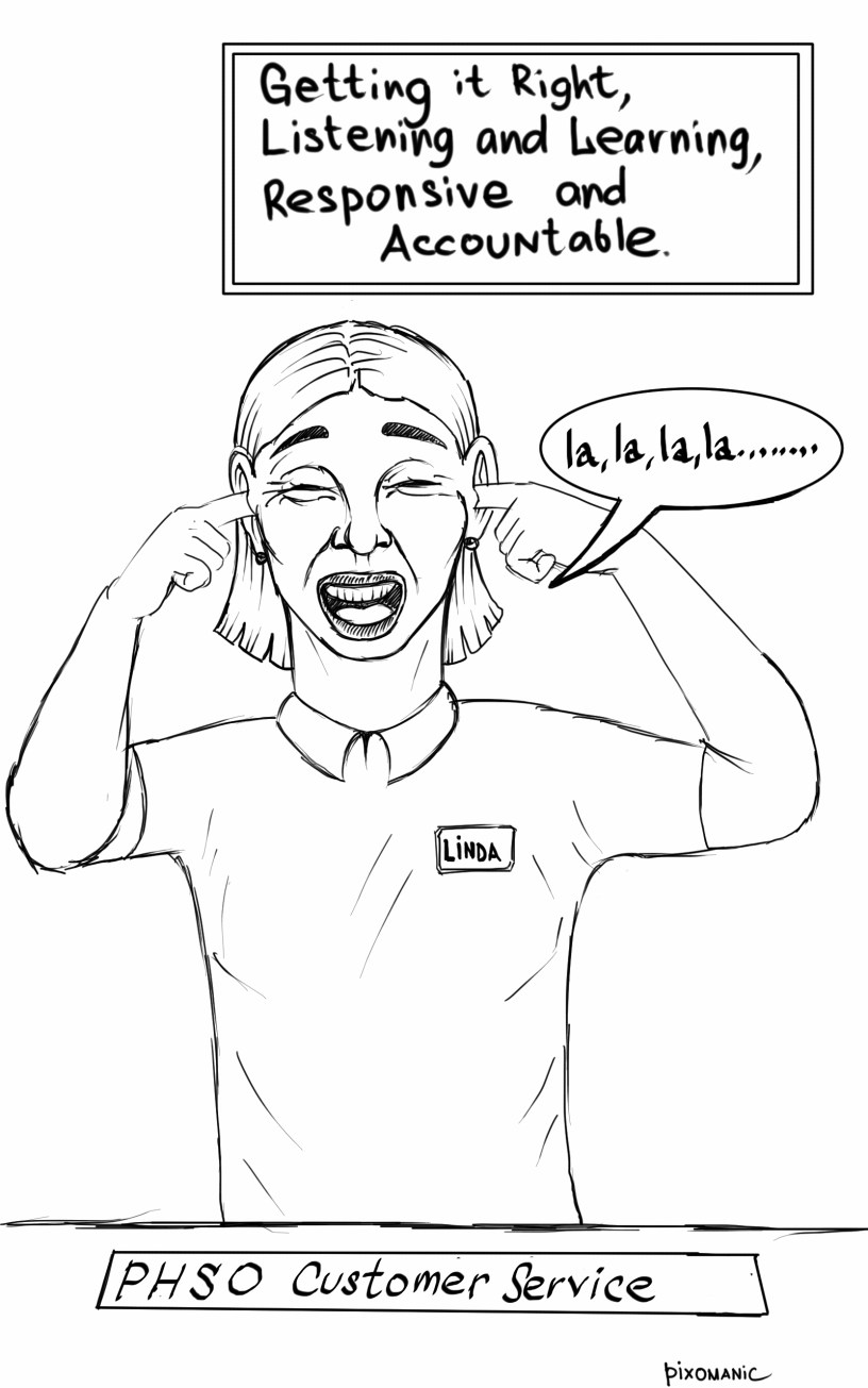 PHSO customer service worker with fingers in ears and eyes closed